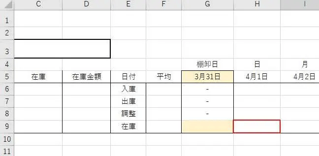 「入庫」「出庫」「調整数」の欄に、在庫の動きを入力し、「在庫」という欄にその日の在庫数が表示されるようにします。